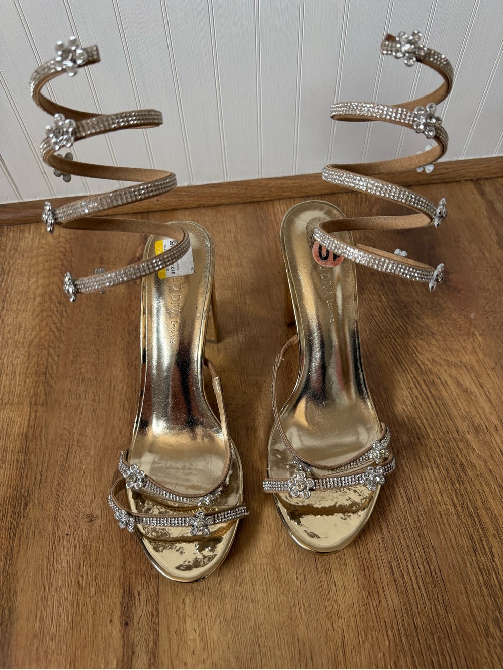 Rene Caovilla look alike Gold Spiral Crystal Wrap Heels by Wild Diva size 10